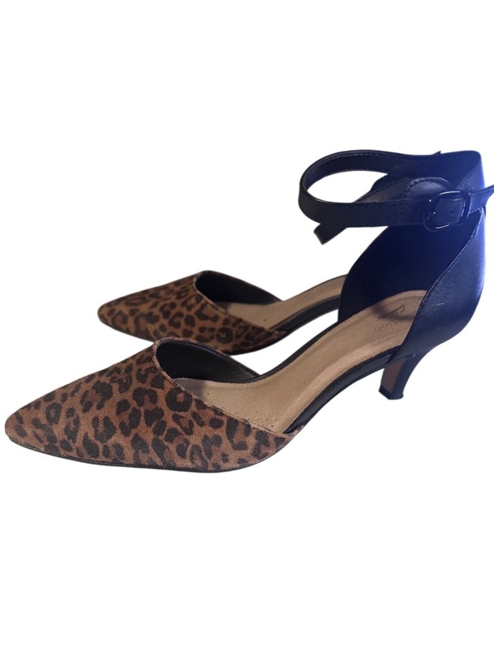 Clarks black and brown leopard pointed toe buckle heels size 8.5